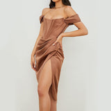 Sleeveless Satin Corset Mini Dress Brown