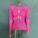 Mesh Off Shoulder Long Sleeve Knit Top Hot Pink