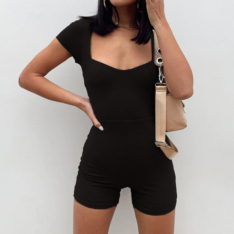Solid Short Sleeve Square Collar Knit Romper