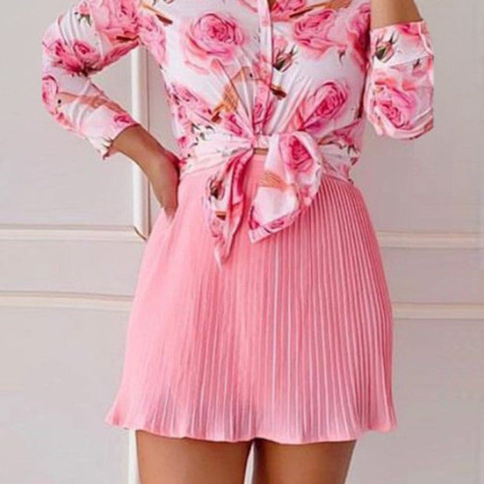 2-Piece Floral Print Top and Mini Pleated Skirt Matching Set Pink Floral