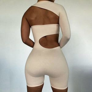 Cut Out One Sleeve Solid Romper