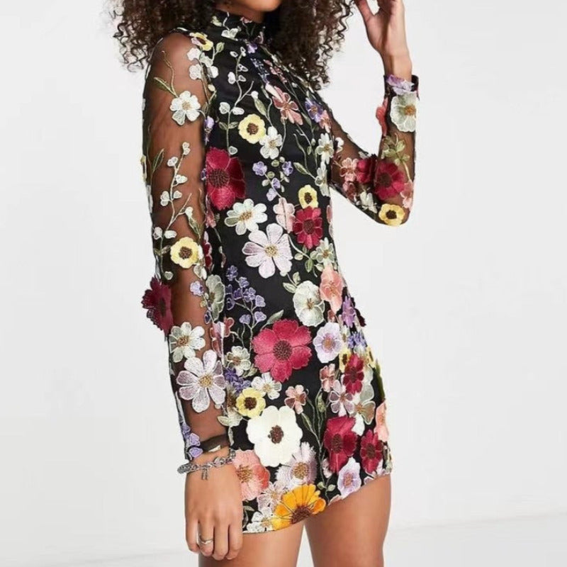 Floral Embroidery Backless Long Sleeve Mini Dress
