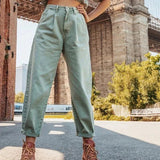 Pleated High Waist Jeans Green