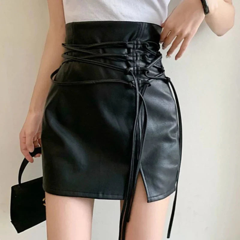 Faux Leather Lace-Up High Waist Mini Skirt
