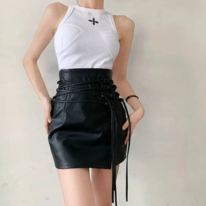 Faux Leather Lace-Up High Waist Mini Skirt