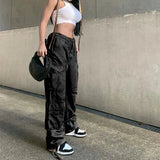 Baggy Wide Leg High Waist Straight Cargo Pants Black