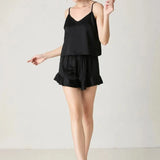 2-Piece Silk Satin Ruffled Sleepwear Set Black