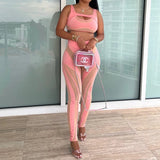 Sheer Mesh See Through Bodycon Leggings Matching Set Pink