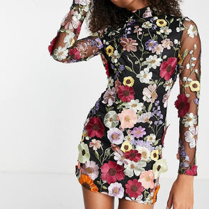 Floral Embroidery Backless Long Sleeve Mini Dress