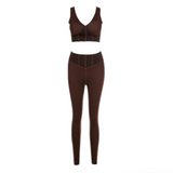 2-Piece V-Neck Crop Top and High Waist Leggings Matching Set Brown