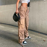 Baggy Wide Leg High Waist Straight Cargo Pants Khaki