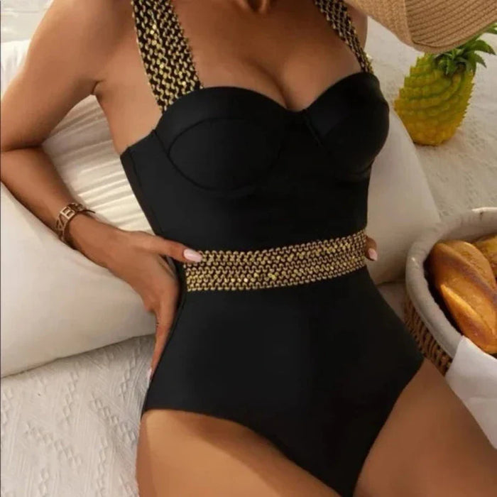 1-Piece Stitch Detail Swimsuit Black Gold