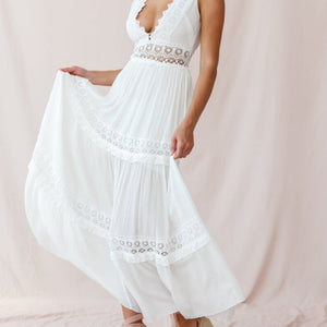 V-Cut White Boho Maxi Dress