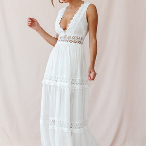 V-Cut White Boho Maxi Dress