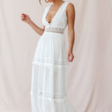 V-Cut White Boho Maxi Dress White