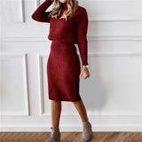 2-Piece Knitted Cross Striped Sweater and Midi Skirt Set