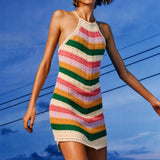 Rainbow Stripe Crochet Halter Mini Dress Multicolor