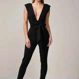 Deep V-Neck Fitted Jumpsuit Black