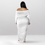 Plus Size Off Shoulder Ruched Long Sleeve Maxi Dress White