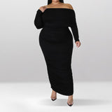 Plus Size Off Shoulder Ruched Long Sleeve Maxi Dress Black