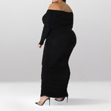 Plus Size Off Shoulder Ruched Long Sleeve Maxi Dress Black