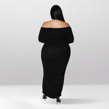 Plus Size Off Shoulder Ruched Long Sleeve Maxi Dress Black