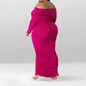 Plus Size Off Shoulder Ruched Long Sleeve Maxi Dress Pink