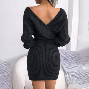 Long Sleeve Knitted Wrap Mini Dress